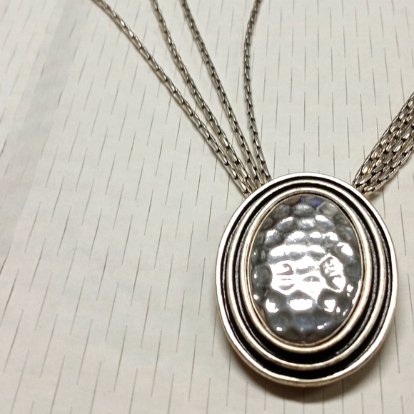 Silver Hammered Pendant Necklace with Four Strand Chain - Picture 2 of 6